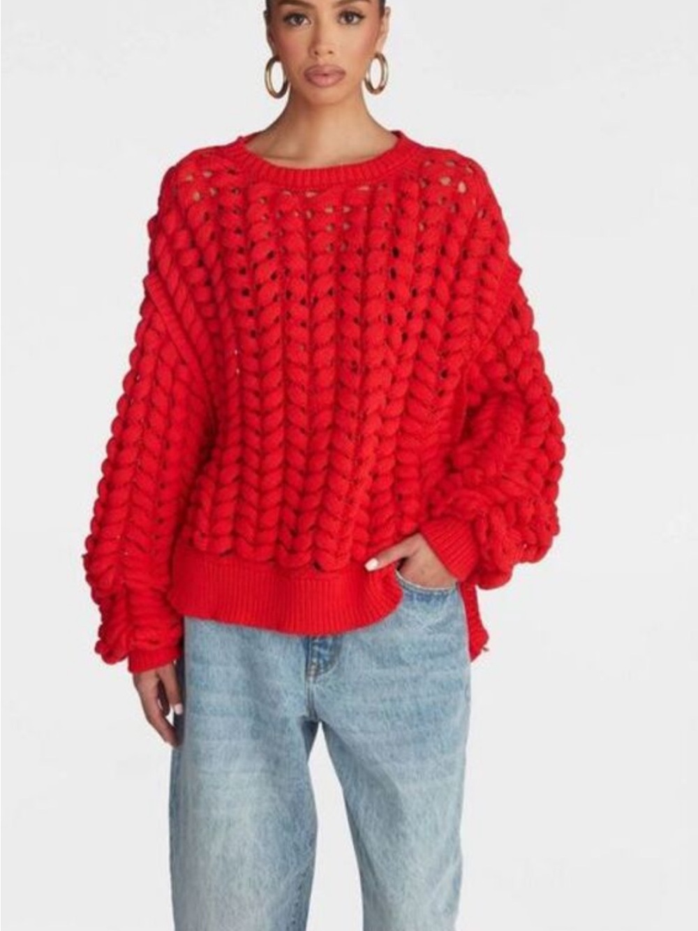 KBB By Kahlana Chunky Open-Stitch Red Sweater Women's Knit Pullover Sz Small NWT